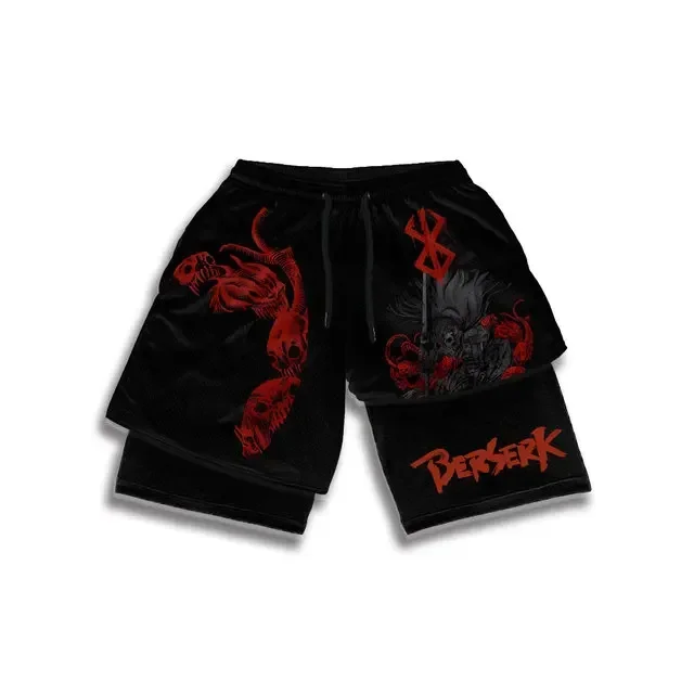 Anime Berserk Performance Shorts Guts Print Sport Running 2 in 1 Gym Shorts Training Men's Summer Workout Sportwear Y2K Shorts