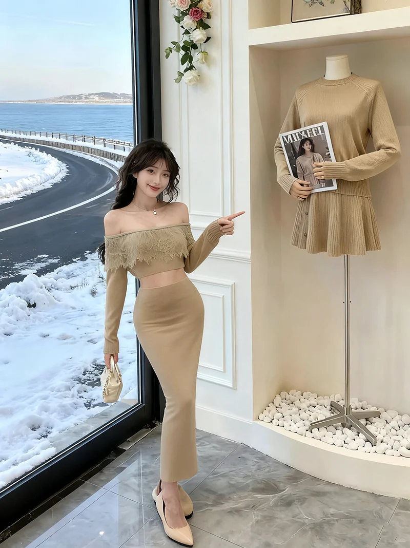 

Комплект из вязаной юбки и топа Ouziya с кружевными вставками на одно плечо, женский, модный, с высокой талией, однотонный, осенне-зимний, новый, сексуальный, стильный.