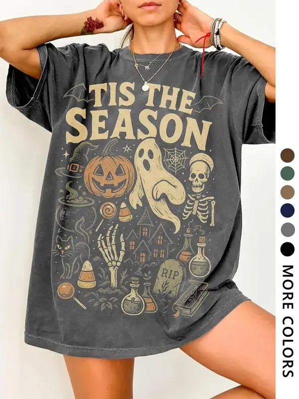 

Women's Deep Casual Campus Style T-Shirt, Fashion Streetwear, Vintage High-End Slim Fit Tee, Halloween Pumpkin Cartoon Print