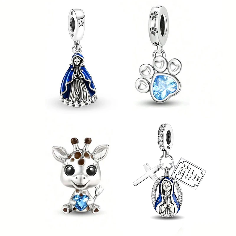 925 Sterling Silber Blaues Liebesherz Mary Hundepfotenabdruck Pinguin Perlen Charm Passend für Original Armbänder Schmuck Geschenk