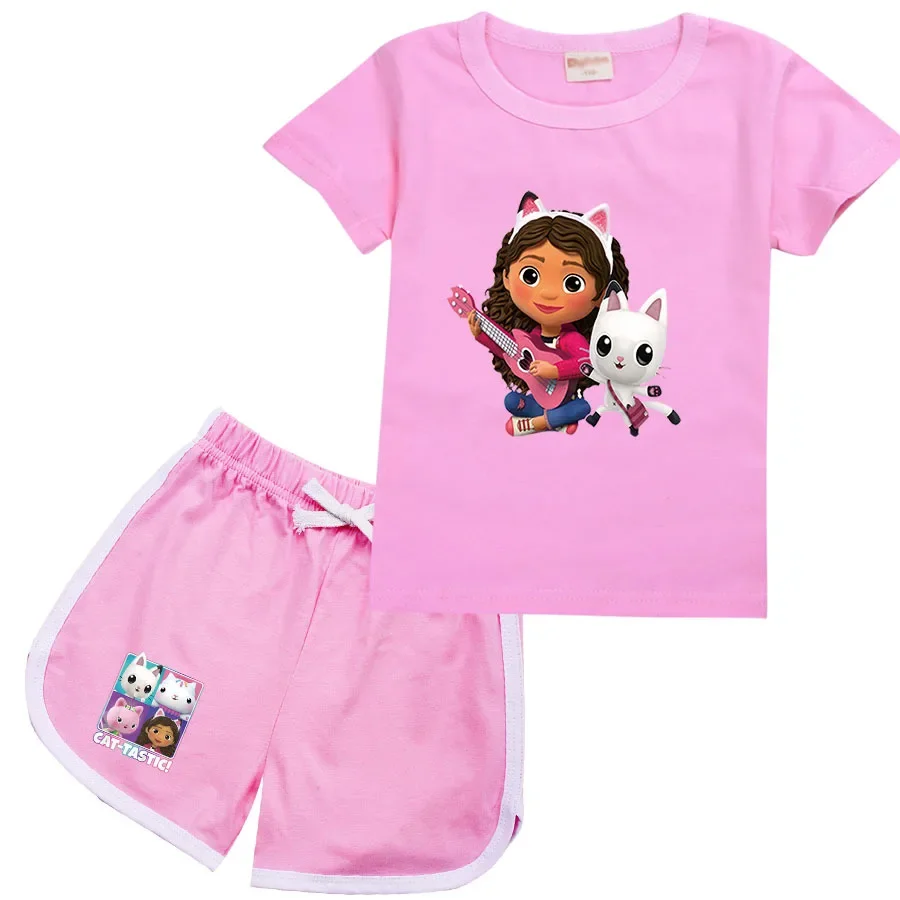 New Gabby Doolhouse Costume Baby Girls Summer Clothes Kids Cartoon Sports Suit Toddler Boys Gaby Chat T Shirt + Shorts 2pcs Sets