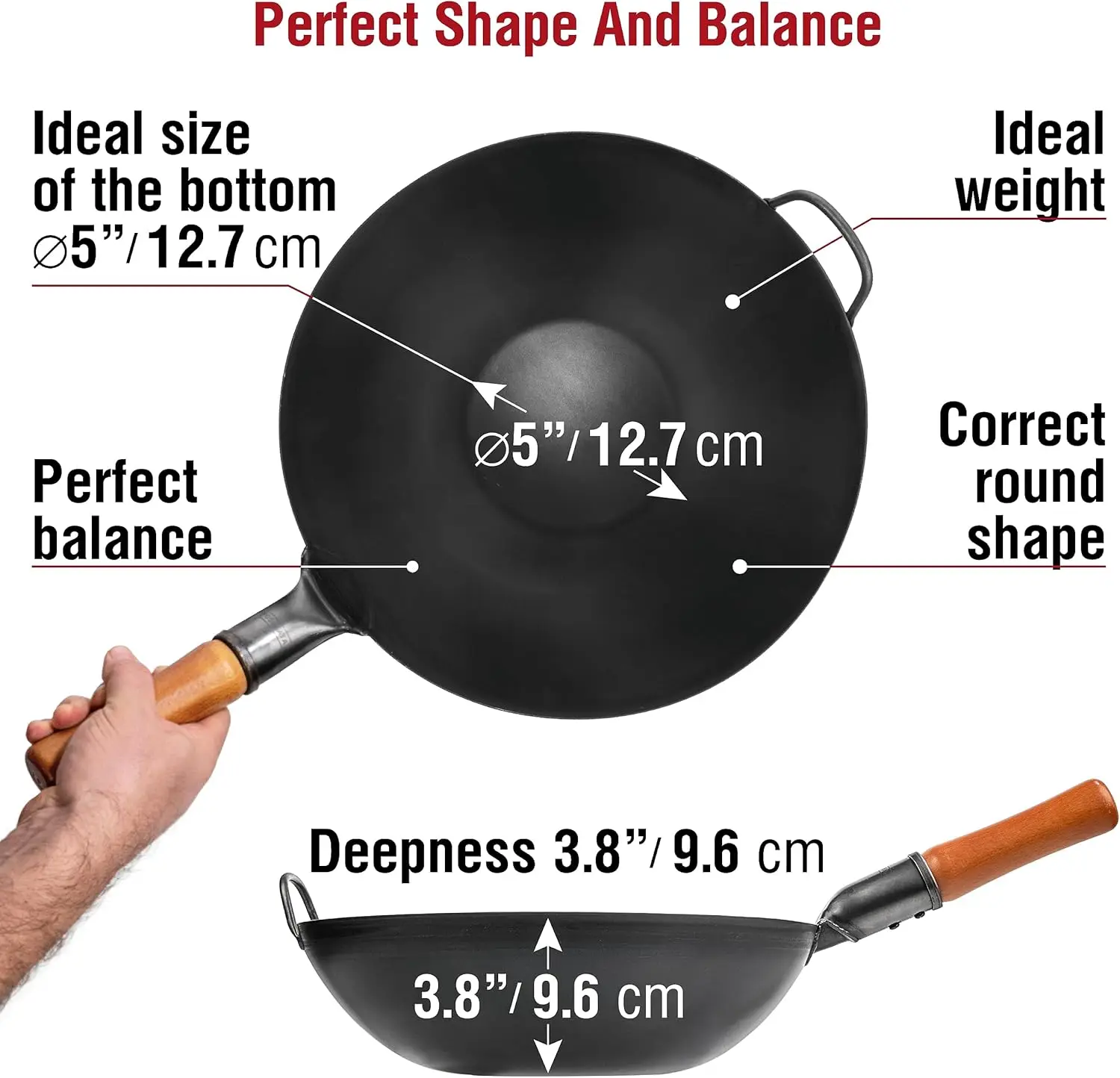 

Carbon Steel Wok Pan – 13,5 “ Stir Fry Pans with Flat Bottom - Pow Wok - Traditional Chinese Cookware for Induction Electric