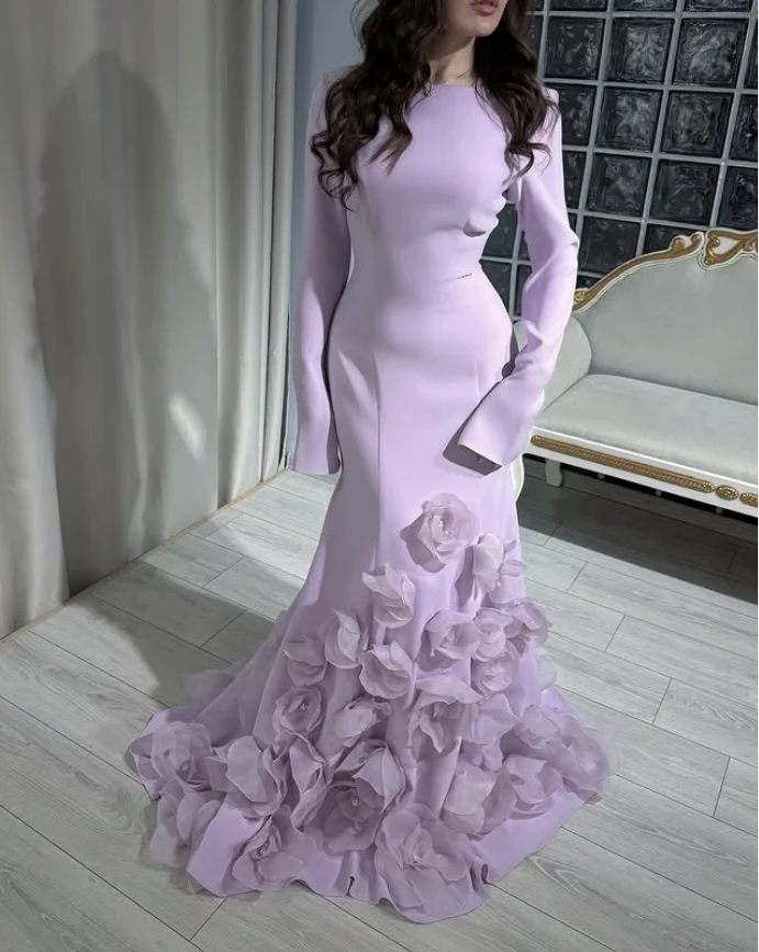 Lila Lavendel Meerjungfrau Abendkleider 3D Blumen Langarm Saudi Arabisch Prom Gala Kleid Maßgeschneiderte Jersey Maßgeschneidert
