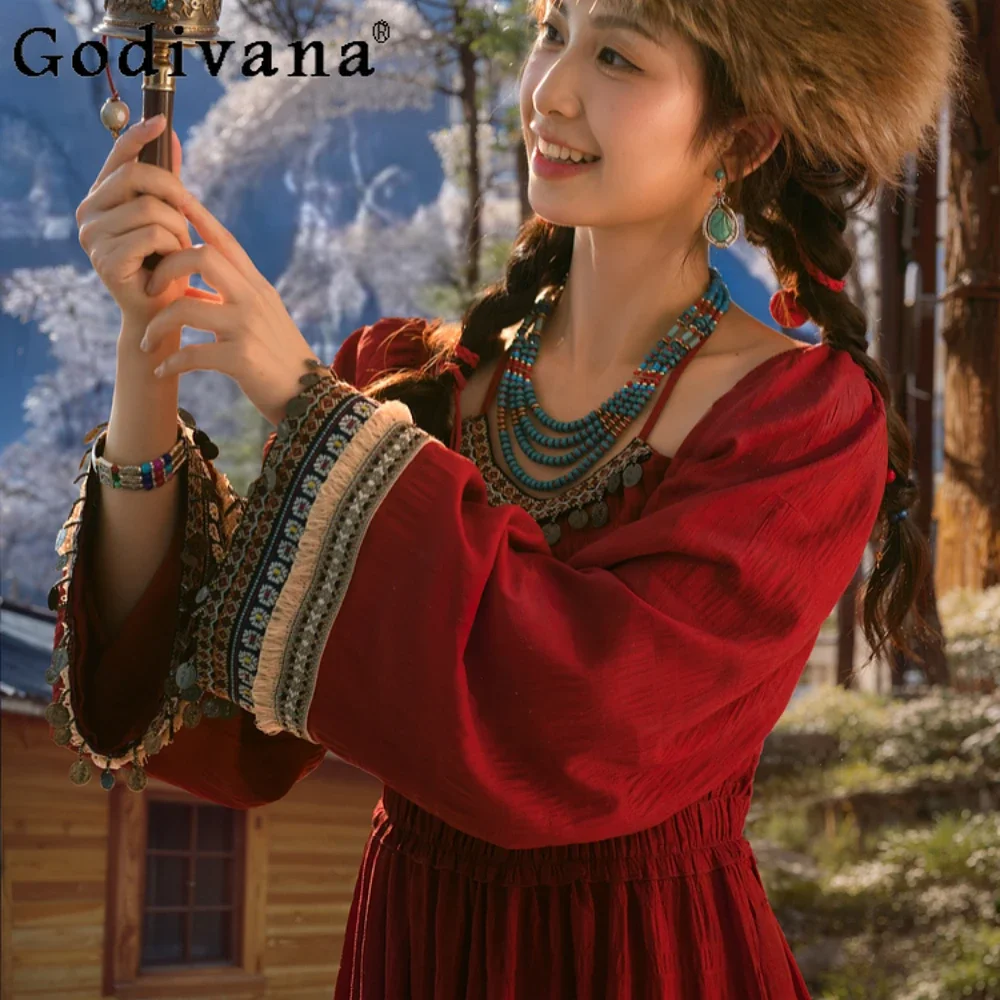 Dresses Bohemian Heavy Industries Whistling Tassel Western Regions Ethnic Style Holiday Neck Red Dress