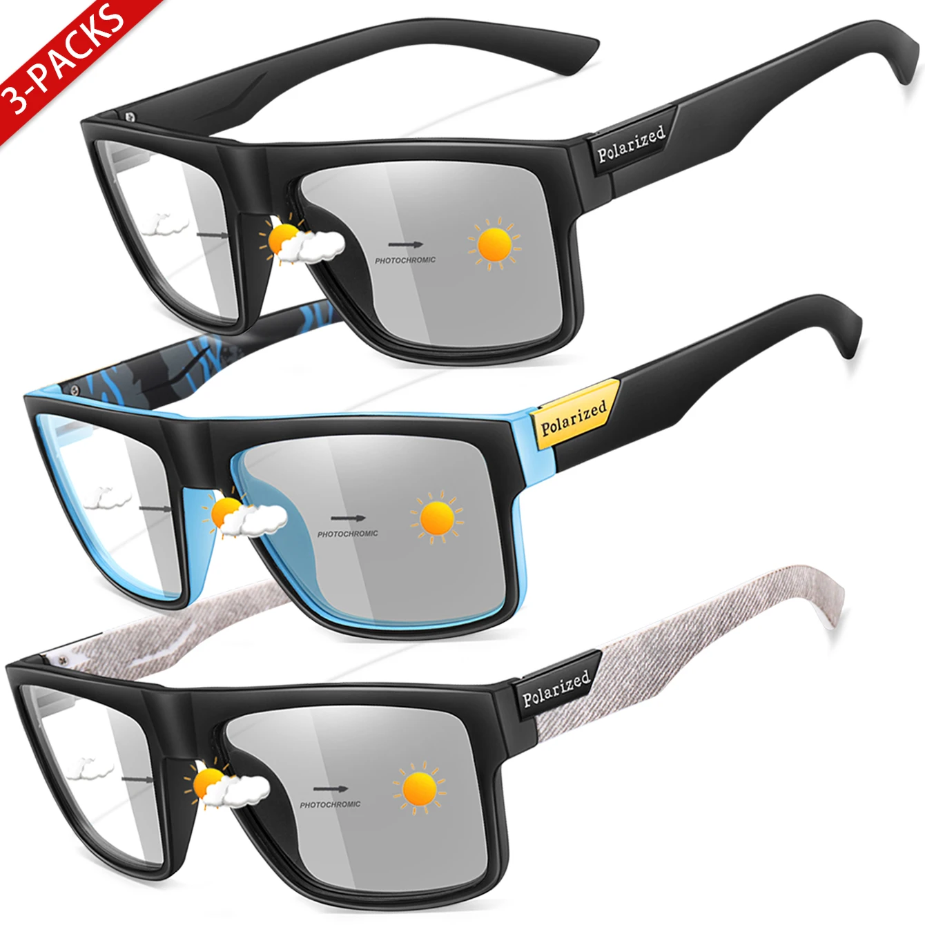 3 pares de gafas de sol fotocromáticas cuadradas clásicas para deportes al aire libre ciclismo correr conducir hombres mujeres Festival ropa de fiesta gafas