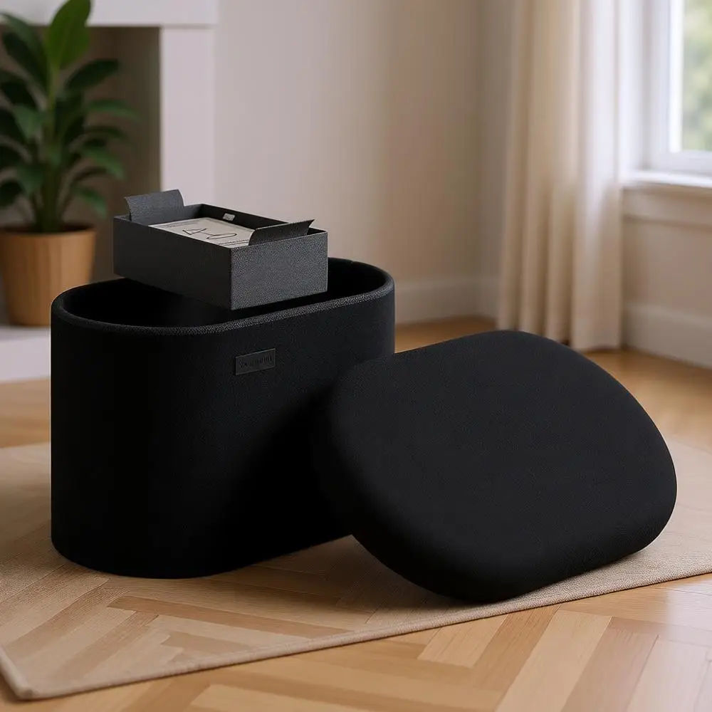 

18 Inch Round Storage Ottoman with Footrest, Up to 330lbs Capacity, Black