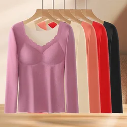 New Women Fall Thermal Top With Bra Long Sleeve Solid Low neckline Slim Tops Autumn And Winter For Women Design sense