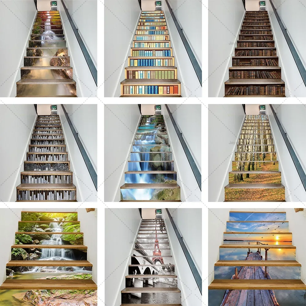 

13pcs/6pcs Scenic Staircase Stickers Vinyl PVC Waterproof Staircase Pattern Custom Decoration Self-adhesive Staircase Stickers