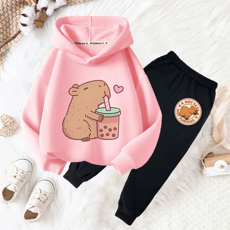 Capybara Drink Bubble Tea Fun Print Girls Fashion Set Kids Fall and Winter Casual Comfortable Warm Hoodie + Pants Two-piece Set