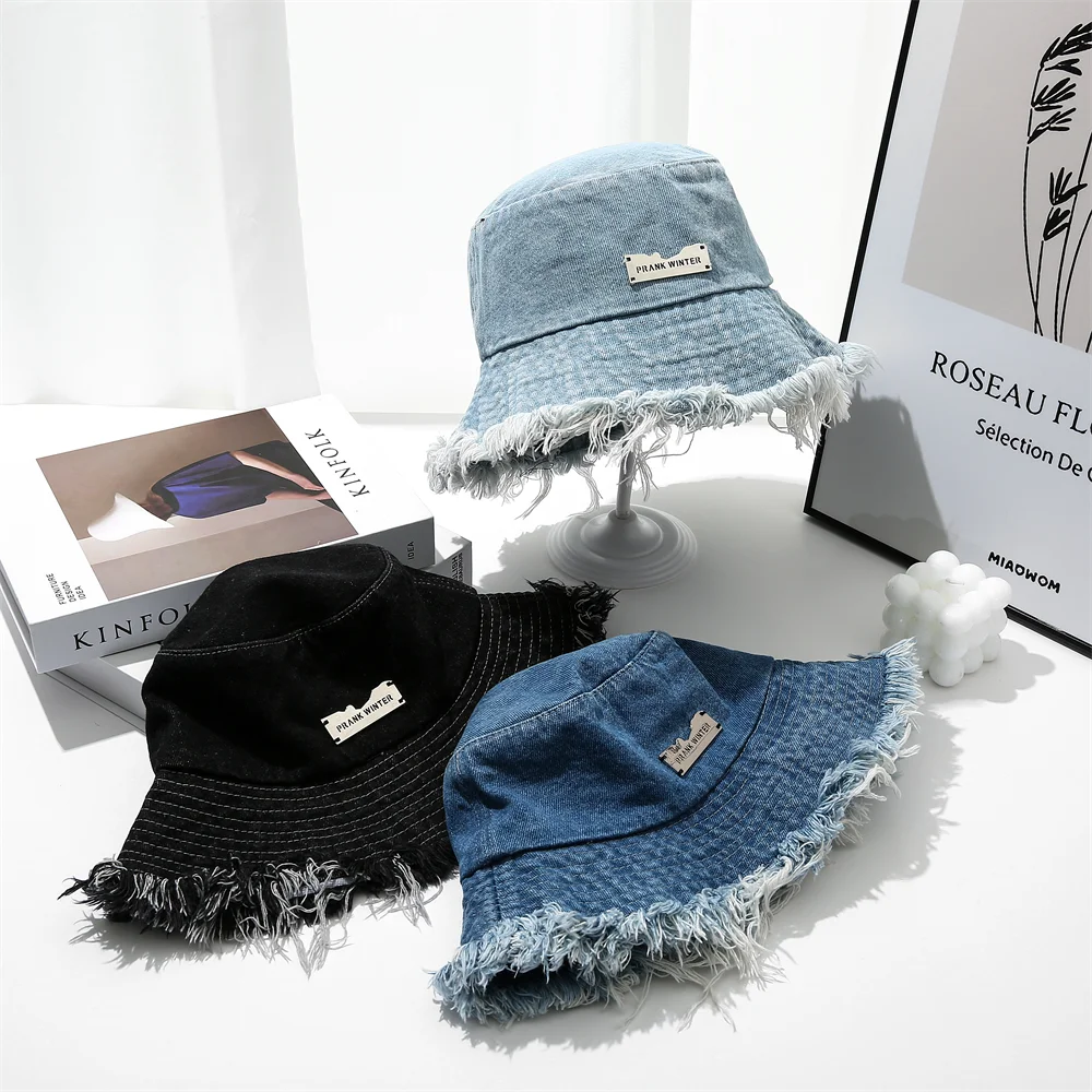 Fashion Rough Edge Ripped Tassel Denim Fisherman Hats Summer Women\'s Washed Old Bucket Hat Outdoor Ladies Big Eaves Sunshade Cap