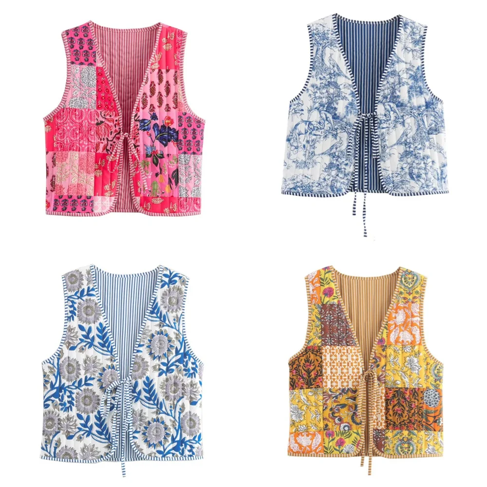 

PB&ZA2024 Autumn New Product Fashionable Casual Women's Wear Simple Printed Tethered Cotton Jacket Vest Top