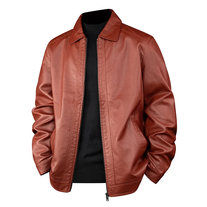 

Мужская кожаная куртка Spring Man, винтажная, однотонная, с отложным воротником, деловая повседневная, с длинным рукавом, на молнии, мужская верхняя одежда