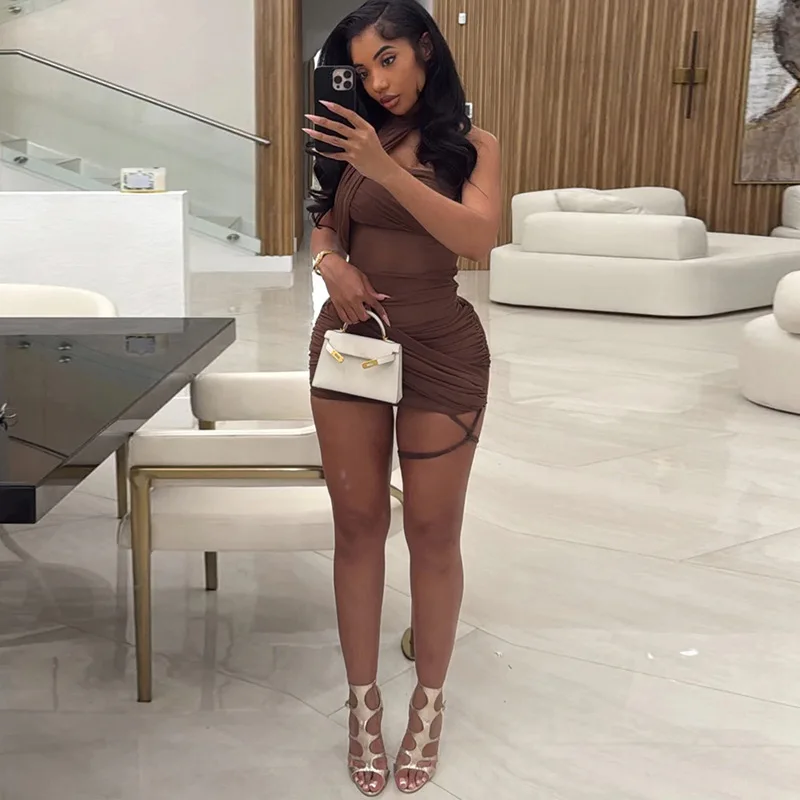 DSMTRC Summer Women Holiday Beach Party Clubwear Dresses Sexy Halter Backless Body-Shaping Asymmetrical Mesh Pleated Mini Dress
