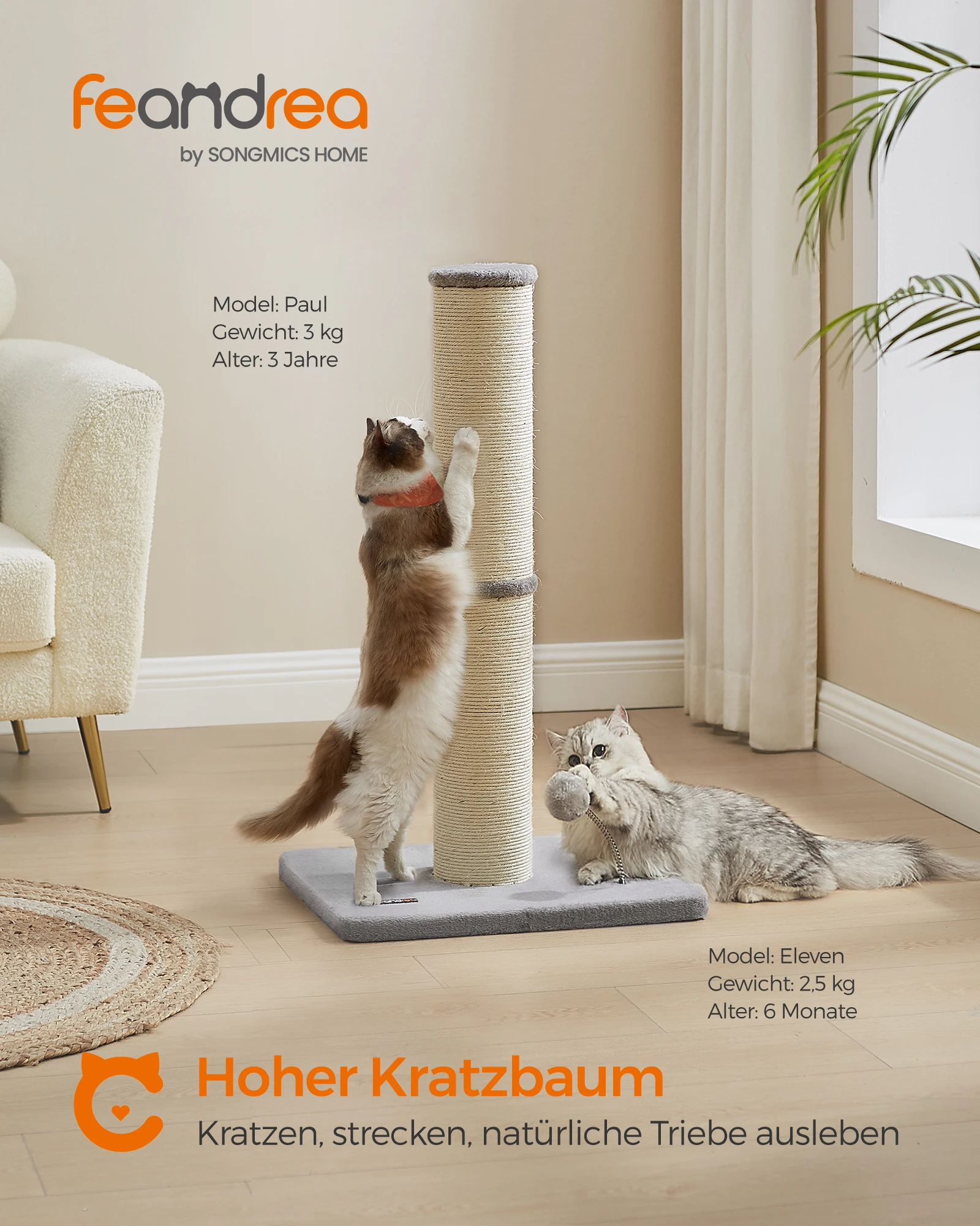Feandrea Kratzbaum, 85 cm hoch, Kratzsäule, 13 cm dicker Stamm, Katzenbaum, Kratzstamm für mittelgroße und große Katzen