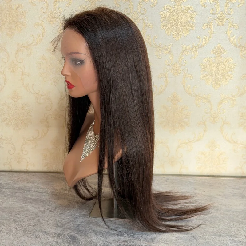 

DArk Brown Прямой 26-дюймовый Длинный Парик Предварительно Отбеленный Бесклеевой Парик Человеческие Волосы Готов к Ношению 200% Плотность Полные Бесклеевые Женские Парики