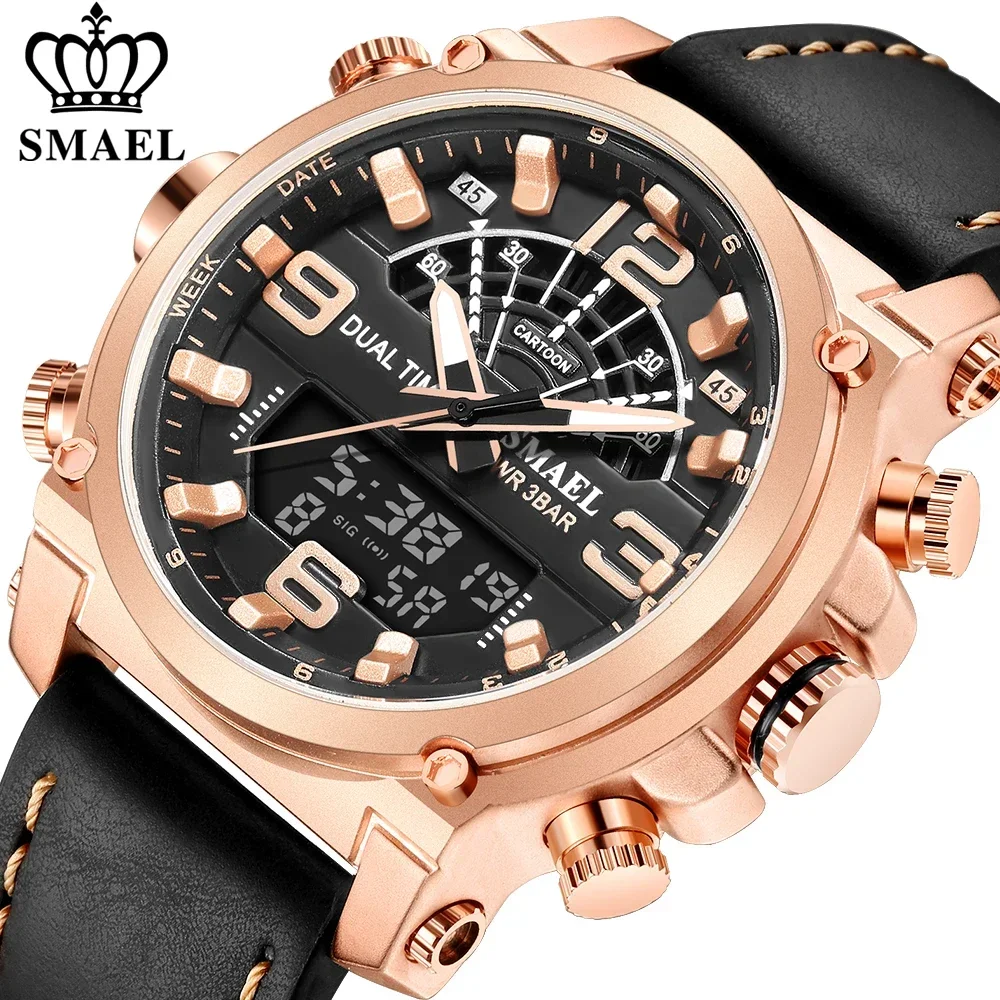 

SMAEL Fashion Brand Watch Men Leather Sport Watches Rosegold Waterproof Quartz Wristwatches Chronograph Male Clock