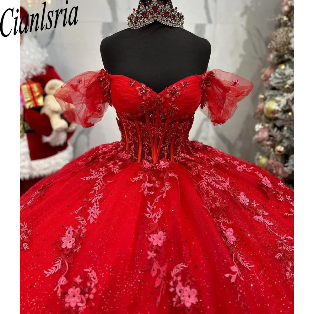 

Красное платье принцессы Quinceanera с открытыми плечами, корсет с блестящей аппликацией, платье de festa 15 anos 2024, женская одежда для выпускного вечера