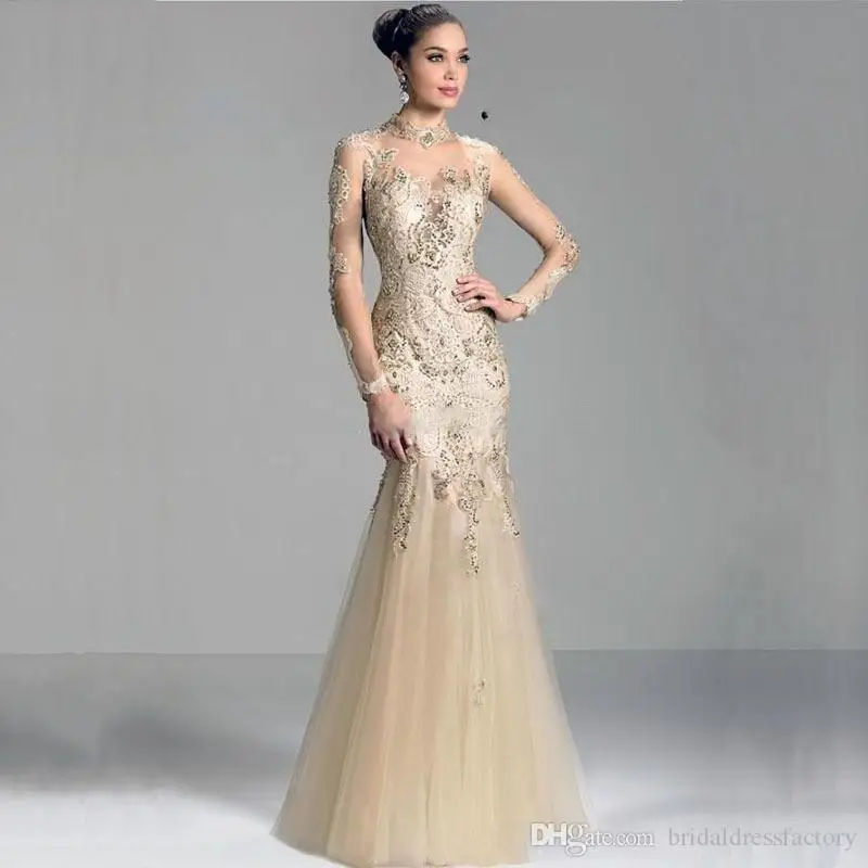 

new robe de soiree vestido de festa champagne beading lace appliques tulle o-neck long sleeves mermaid evening Dresses