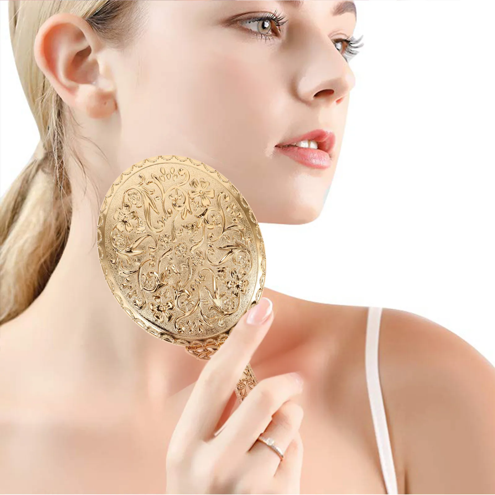 

1 шт. Зеркало ручное овальное в ретро-стиле, цвет розовое золото, с резьбой, портативное, для макияжа, для женщин, для путешествий и использования на улице, эргономичное, удобное