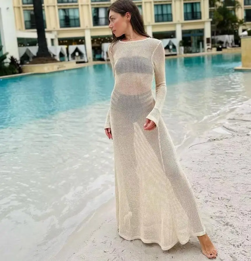 2023 New Summer Beach Cover-Ups Women Long Sleeve Dress Knitted Cutout See-through Long Party Dress for Beach Club Streetwear