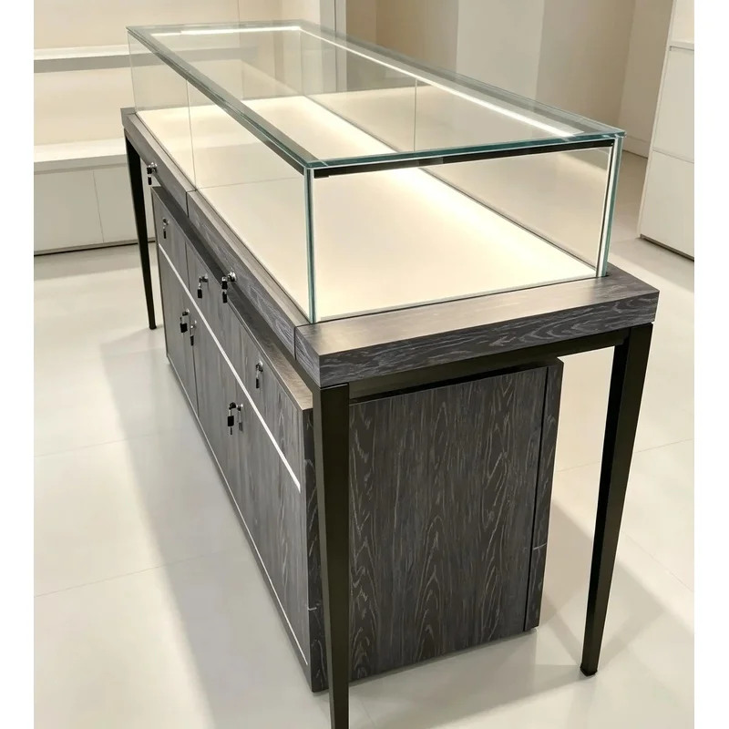 custom.Dark Timber Grain Jewelry Vitrine, LED Lighted Top Glass Gem Display Counter with Locked Drawers & Storage Cabinets