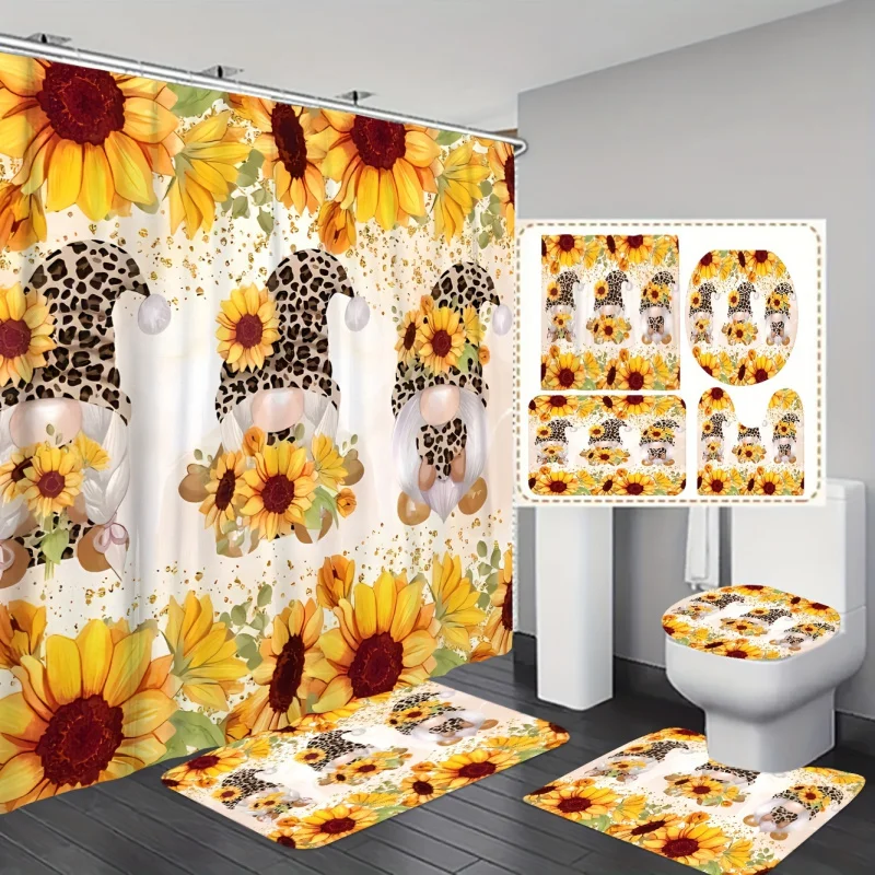 Chic Sunflower & Gnome Shower Curtain Set - Leopard Hat Pattern, Includes Hooks, Non-Slip, Waterproof Bathroom Decor - Available