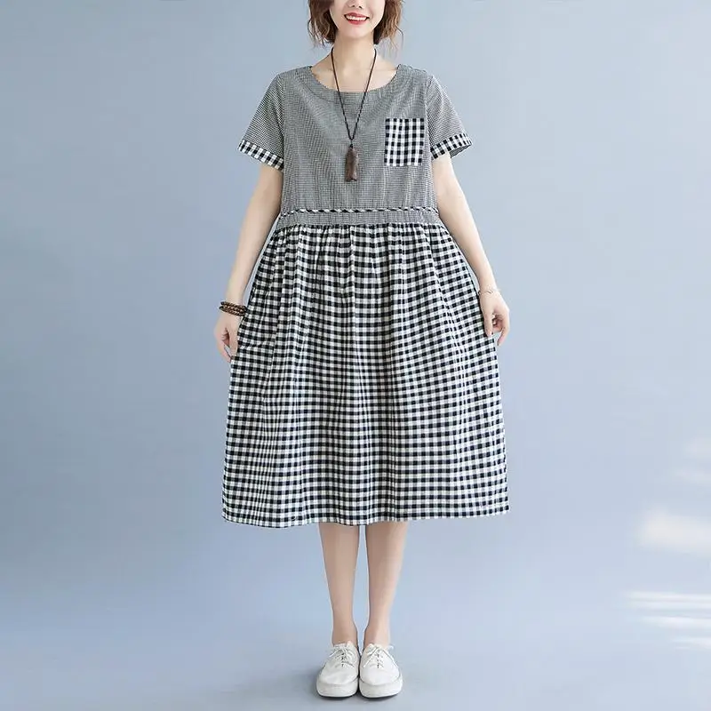 2023 Vintage Mori Girl Style Plaid Patchwork Midi Dress Summer Short Sleeve Casual A-Line O-Neck Fashion Pockets Folds Dresses