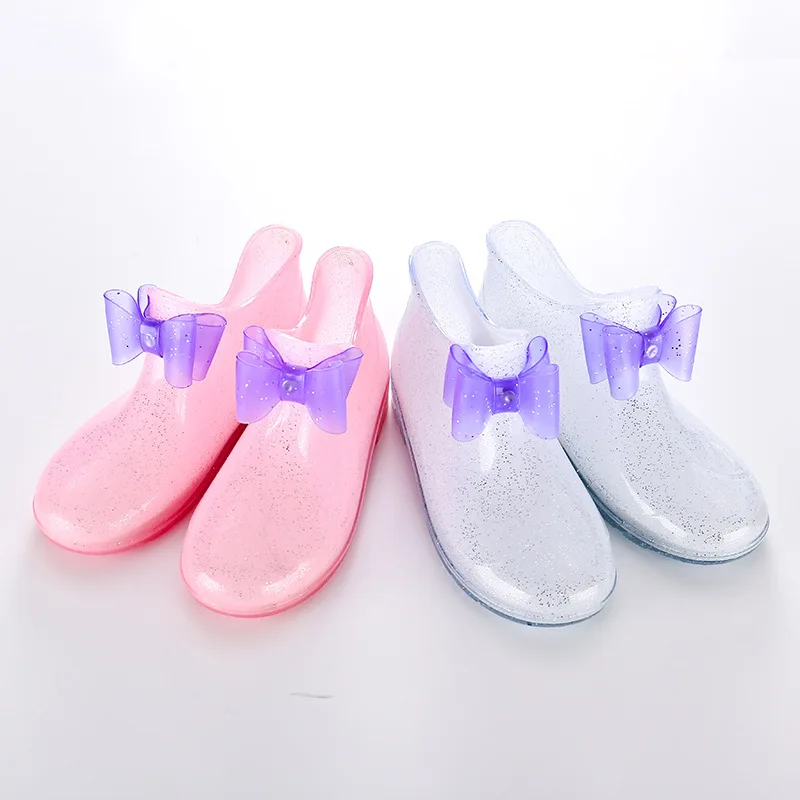 New Children Girls PVC Ankle Rain Boots Crystal Bowtie Waterproof Rainboots Non-slip Water Shoes Wellies For Kids