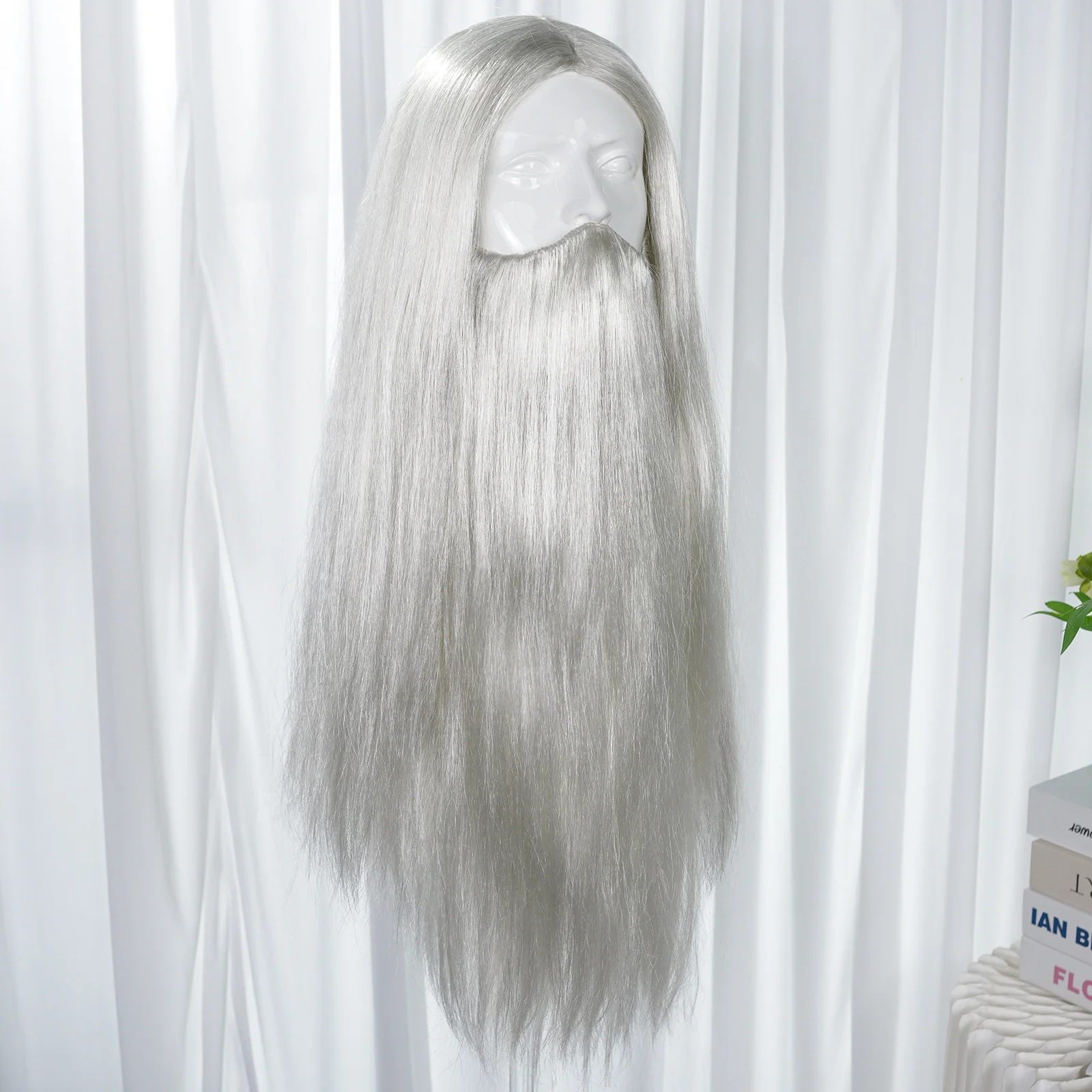 شعر مستعار صناعي طويل مستقيم باللون الرمادي الفضي واللحية الطويلة مناسب لشعر مستعار الزي للعب الأدوار #4
