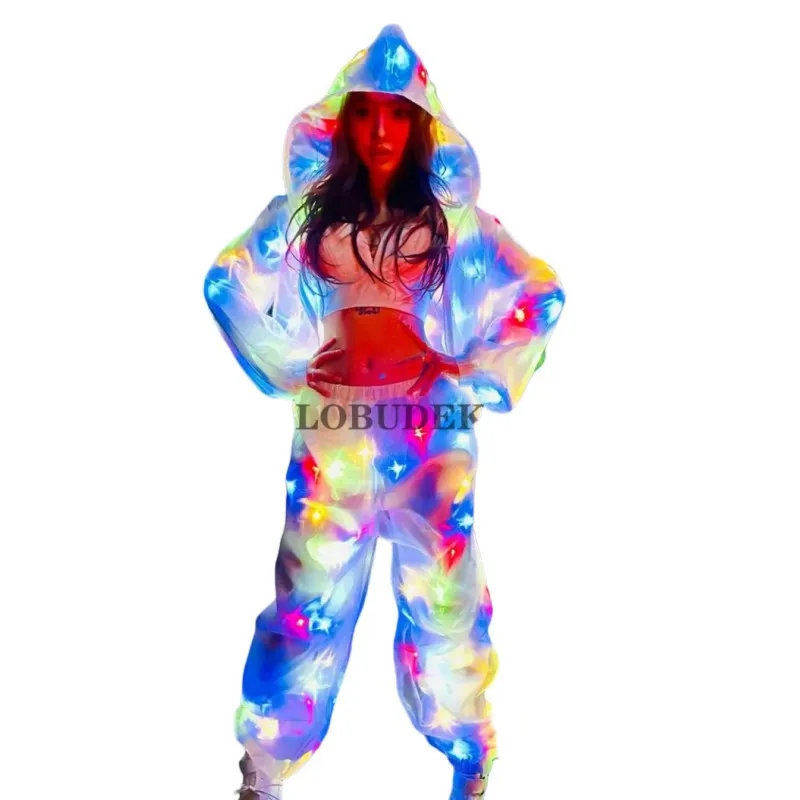 

Красочное электронное освещение, танцевальный костюм, светодиодная светящаяся куртка с капюшоном, брюки, комплект из 2 предметов, одежда для ночного клуба, вечеринки, сценического выступления