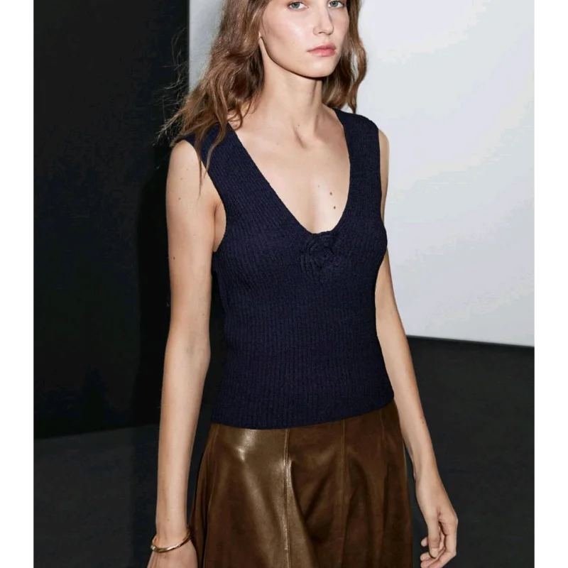 Sommer Neue frauen Gestrickte V-ausschnitt Weste Strap Top Floral Fraance Sle Island Vaion Licht Luxus Polyester Faser