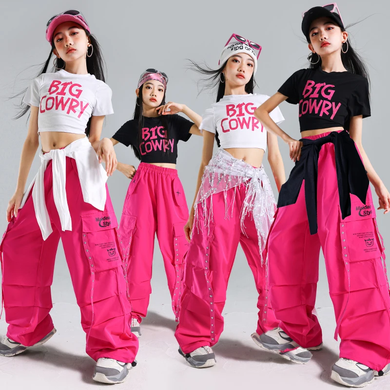 

Укороченный топ K-pop для девочек, одежда в стиле хип-хоп, брюки-карго с розой, одежда для детей, уличные танцы, групповые сценические костюмы для девочек, детская уличная одежда