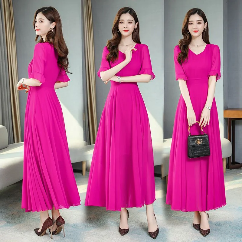 Splicing Large Pendulum  Medium and Long Chiffon Dress Five-Point Sleeve V-neck Over-the-knee Holiday Beach Skirt  Dancing Dress