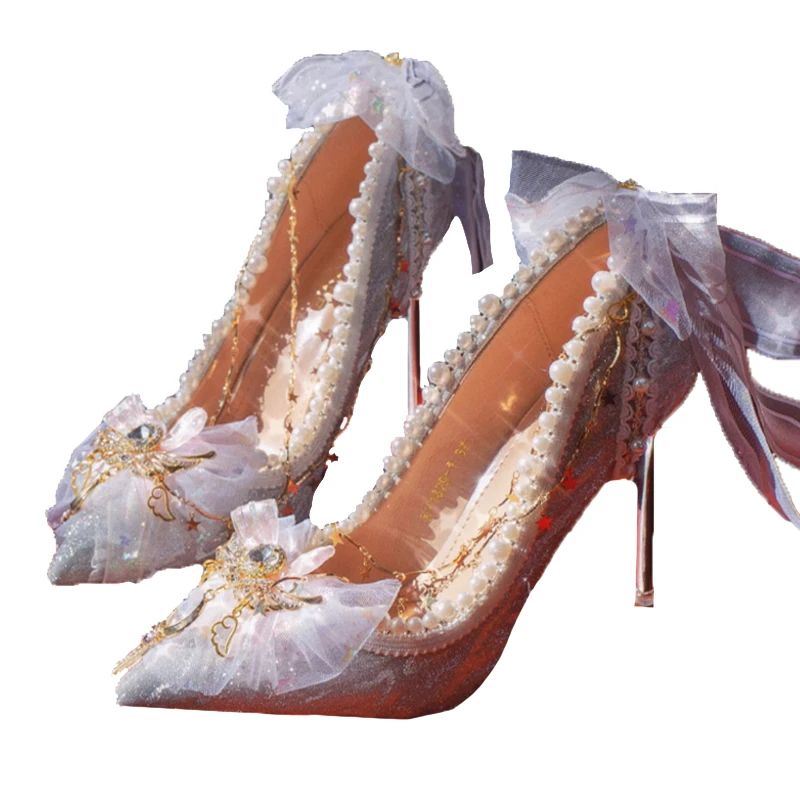 Lolita Elegant Palaca Girl Shoes Noble Party Lace Bowknot Pearls Gems Wedding Pointed Sandals Adult gift crystal high heels