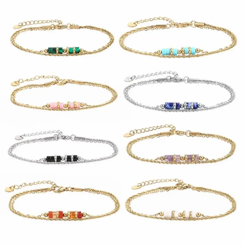 10Pieces Stainless Steel Cylinder Natural Stone Exquisite Premium Double layer Bracelet Fashion Jewelry Wholesale for Women