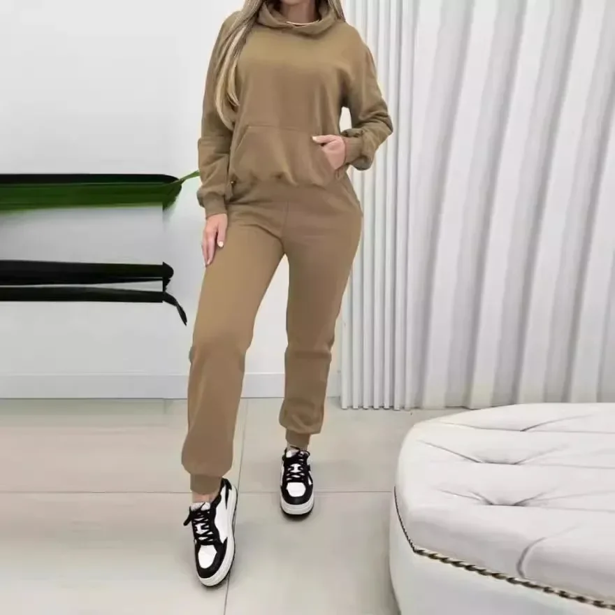 

Women 2pcs Clothes Set Solid Color Long Sleeve Sweatshirt Hooded Hoodie Top Pullover & Elastic High Waist Pants