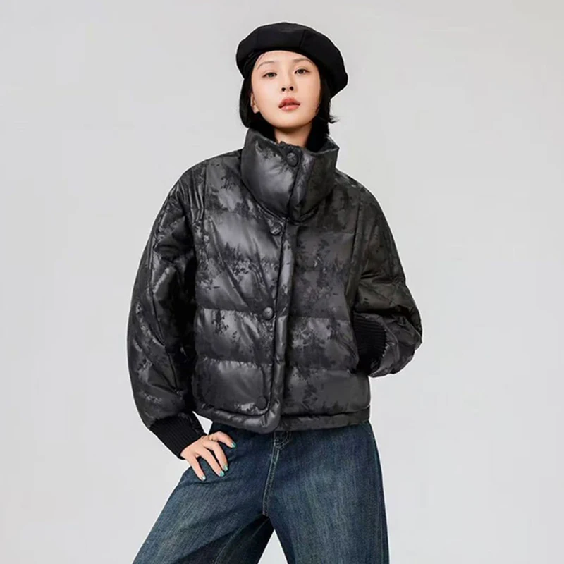 Winter Female Stand Collar Warm Zipper Parker Jacket Fashion Printing Short Down Jacket Women White Duck Down Quilted Outwears