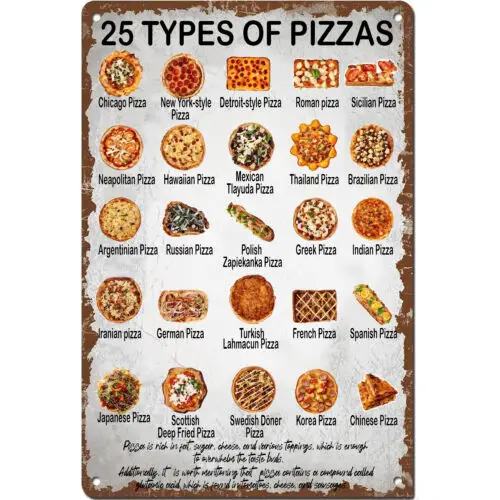 25 Types Of Pizzas Retro Metal Tin Sign Art Posters Decor For Home Wall 12x8Inch