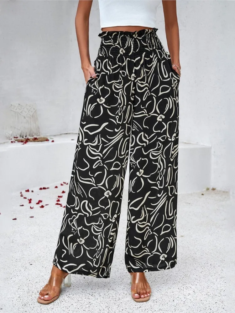 2024 Summer Print Floral Casual Pants Fashion Women Office Sweet High Waist Wide Leg Long Pants New 2024 Holiday Loose Trousers