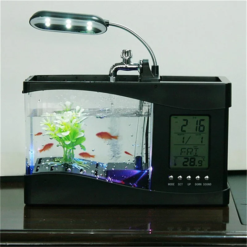 Mini Home Fish Tank USB Creative Desktop Living Room Office Desk Fish Tank Aquarium Intelligent Calendar Alarm Clock Function