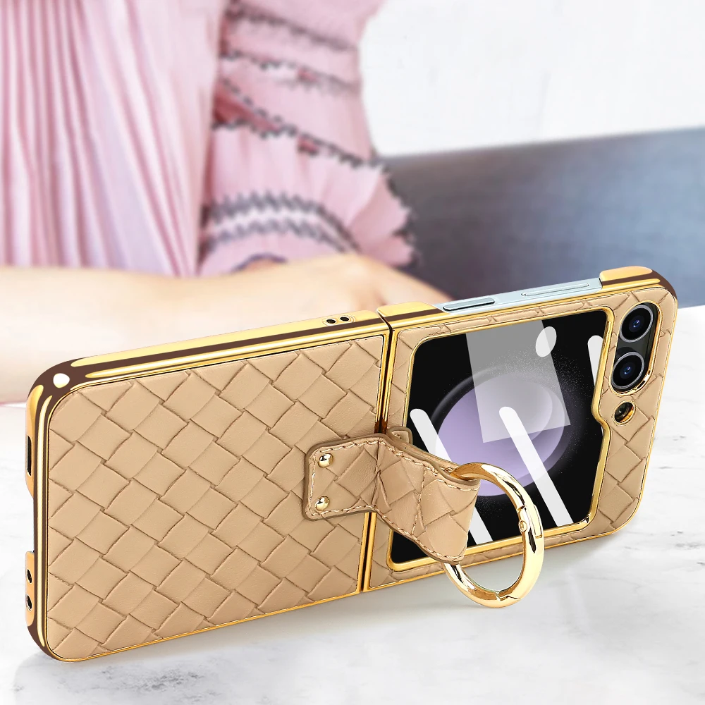 VIETAO Gold Plating Frame Phone Case For Samsung Galaxy Z Flip 6, Woven Style Leather  Z Flip 5 Z4 3 Mobile Cover With Ring Hold