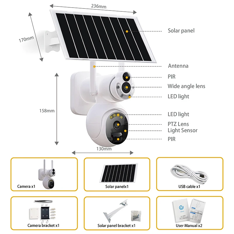 8MP 4G SIM /WIFI PTZ Dual Lens Solar Camera Security Outdoor Wireless Low Power Recording Humanoid Tracking Color Night Vision