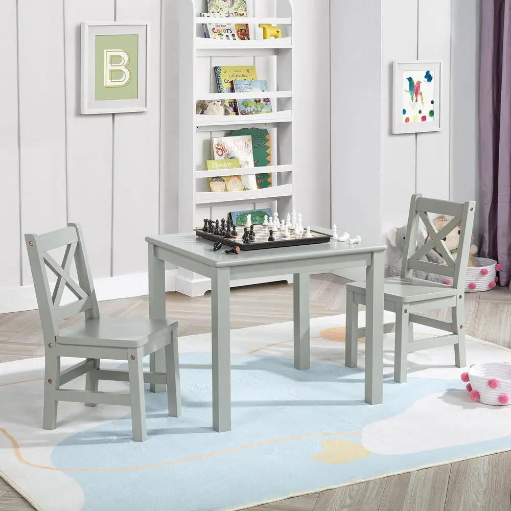 Solid Hard Wood Kids Table and Chair Set (2 Chairs Included), Sage Green, 3 Piece Set