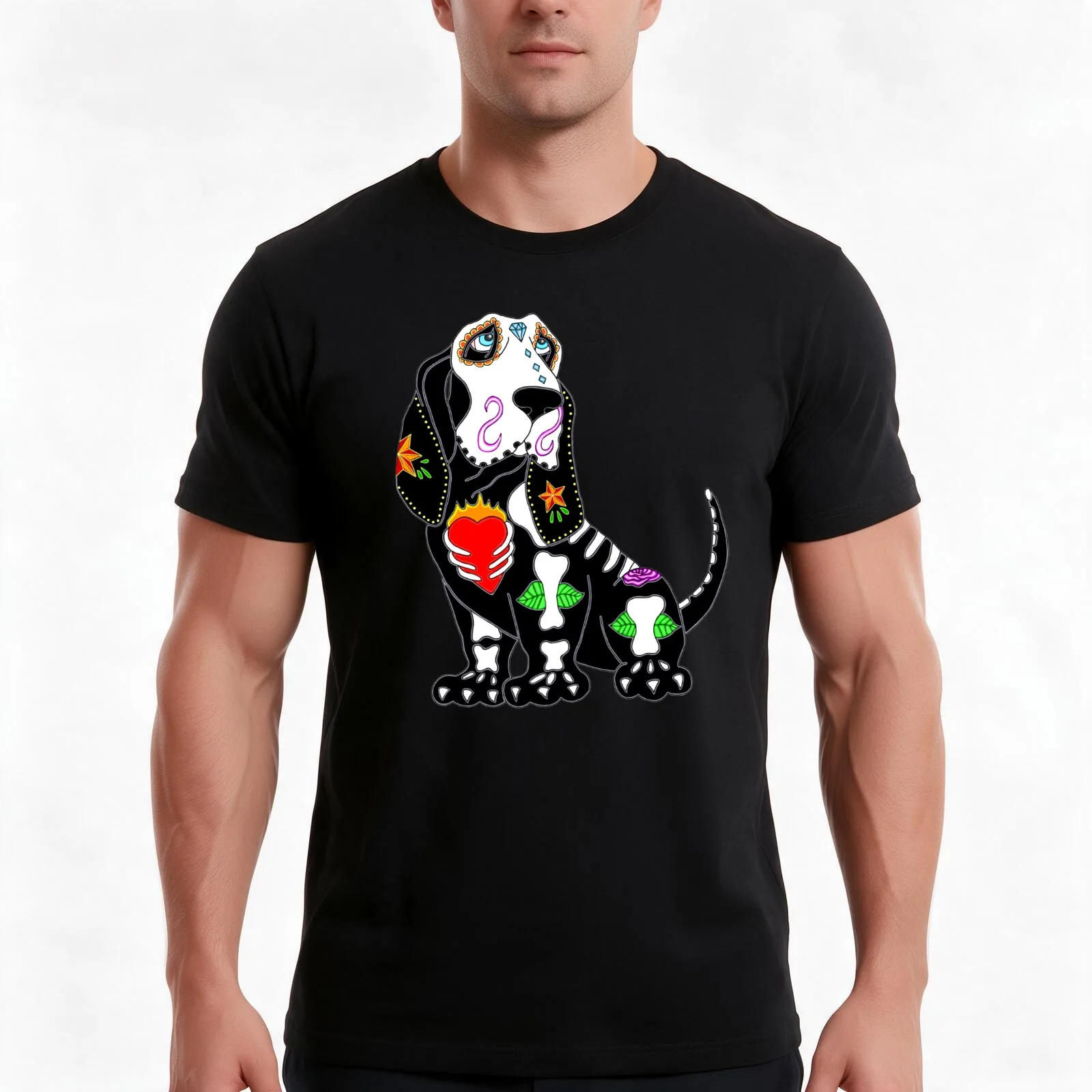 Basset Hound Sugar Skull T-Shirt, Summer Casual Cotton Tee, Oversized Streetwear Tops, Vintage Graphic Print, Unisex Men Women