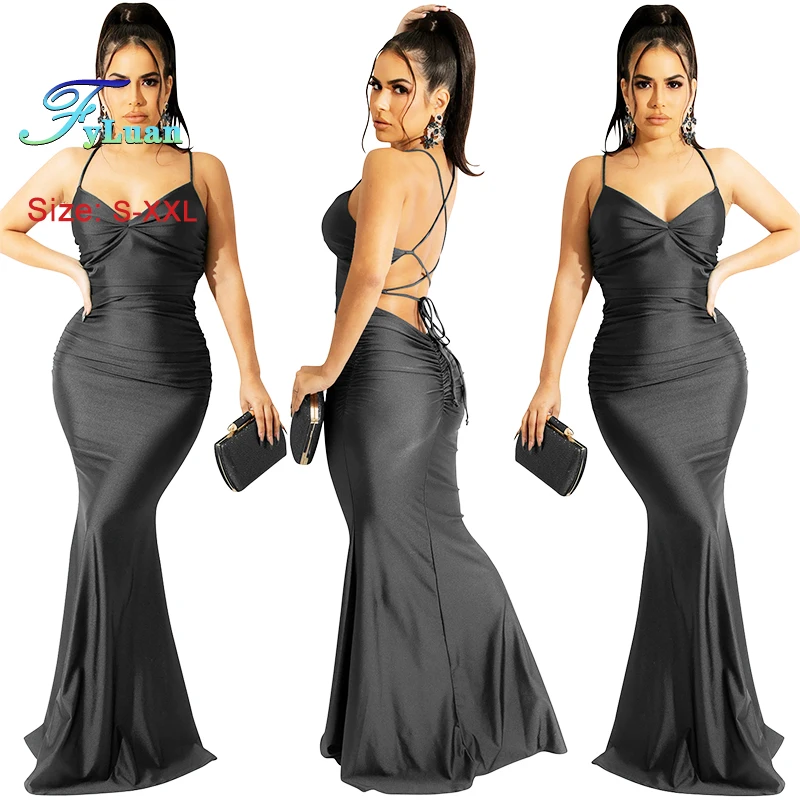 Lace Up Zwarte Vrouwen Satijnen Maxi Jurk Backless Bodycon Sexy Party Elegant Festival Avond Jarretel Strakke Hippe Jurk Lange Jurk