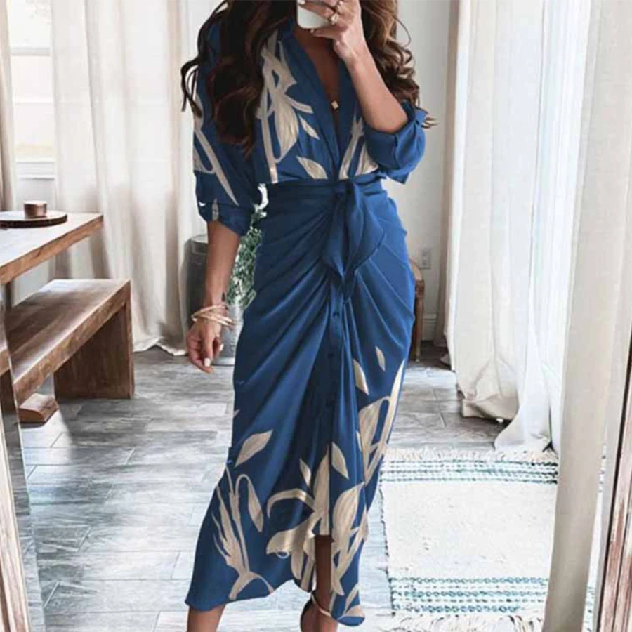 Summer Bandage Shirt Women Fashion Button Ruched Dress Casual Short Sleeve Printed Dress Female Elegant Party Dress Robe