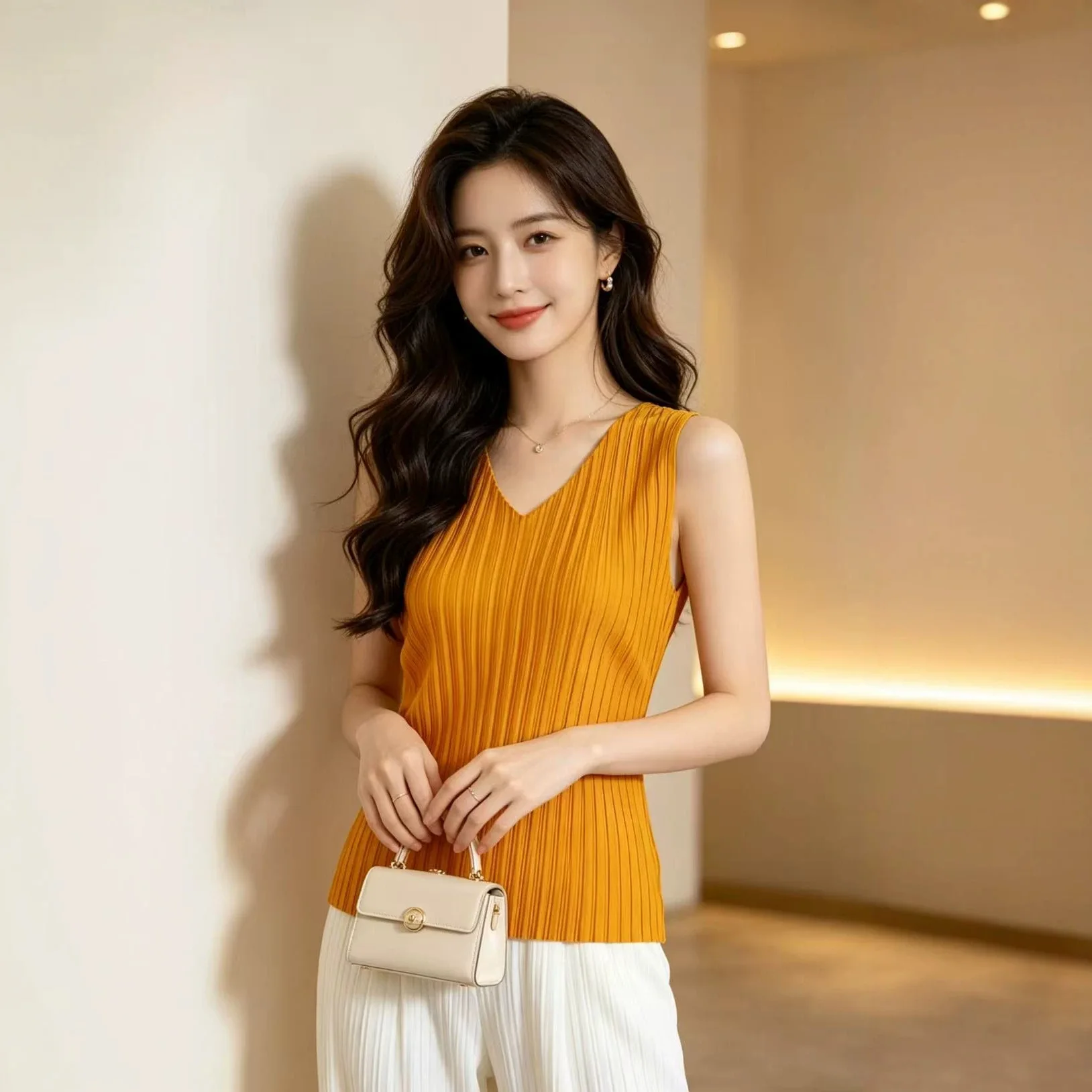 Miyake Pleated Vest Women's Summer Collar Vertical Stripe Slim Slimming Women's Summer High-end Commuting All-match Outer Top