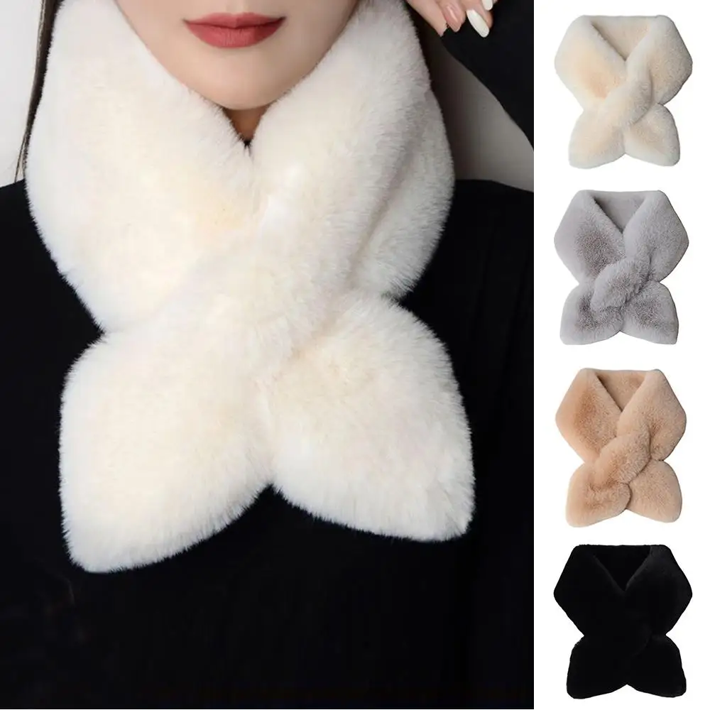 Faux Rabbit Fur Collar Scarf Women Keep Warm Thickening Faux Fur Solid Color Cross Winter Scarves Autumn Winter Fake Fur Shawls