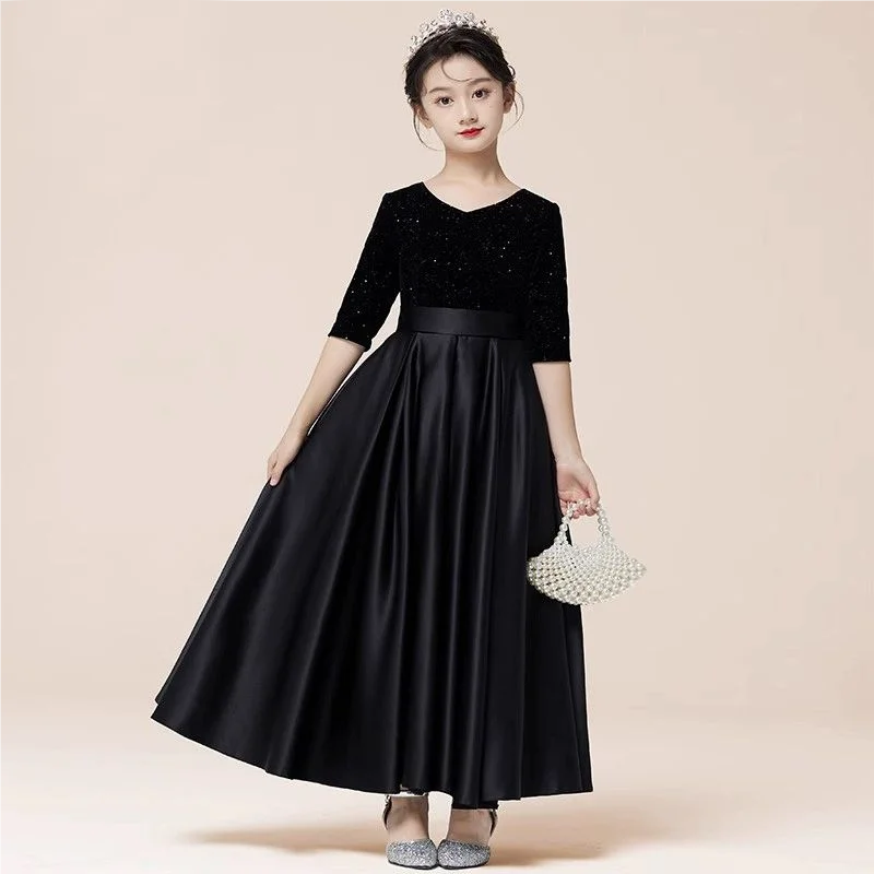 Girl Princess Dress Black Evening Dress Spring and Autumn Light Luxury High end Children's Piano Performance Dress