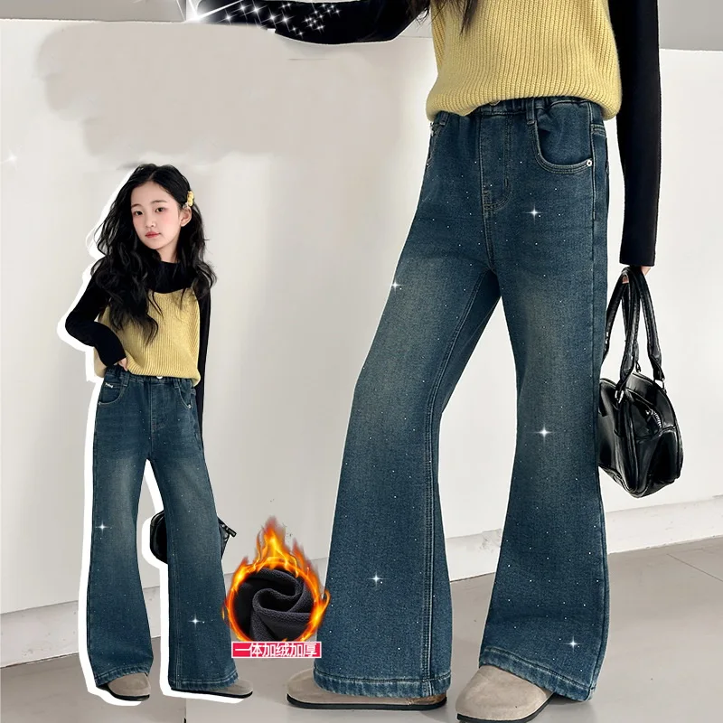 

Children Winter Insulated Flared Jeans for Girls Casual Boot Cut Fleece Lined Denim Pants Kids Warm Trousers with Rhinestone